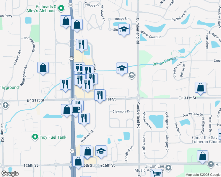 map of restaurants, bars, coffee shops, grocery stores, and more near 9656 Ambleside Drive in Fishers