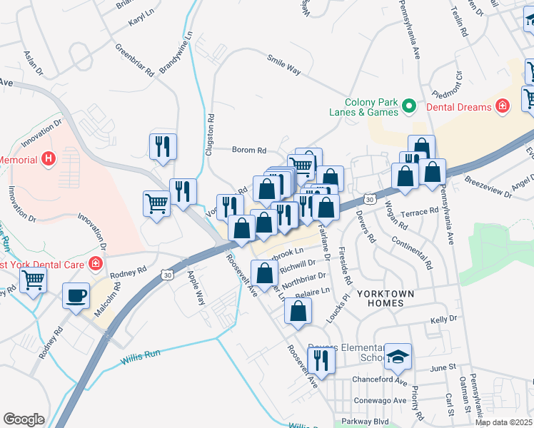 map of restaurants, bars, coffee shops, grocery stores, and more near 965 Loucks Road in York