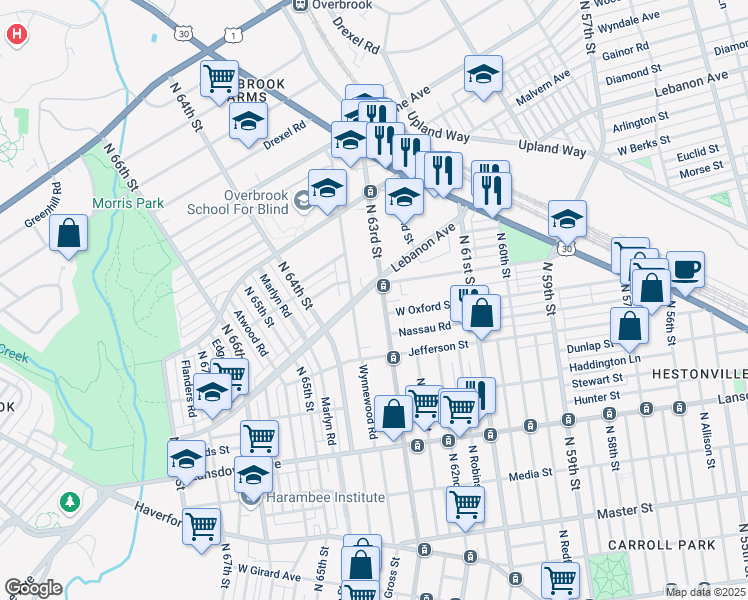 map of restaurants, bars, coffee shops, grocery stores, and more near 927 Wynnewood Road in Philadelphia