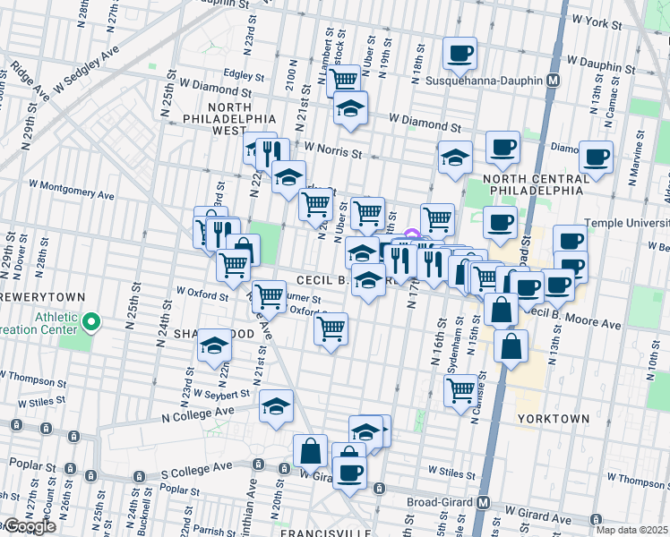 map of restaurants, bars, coffee shops, grocery stores, and more near 1919R Cecil B. Moore Avenue in Philadelphia
