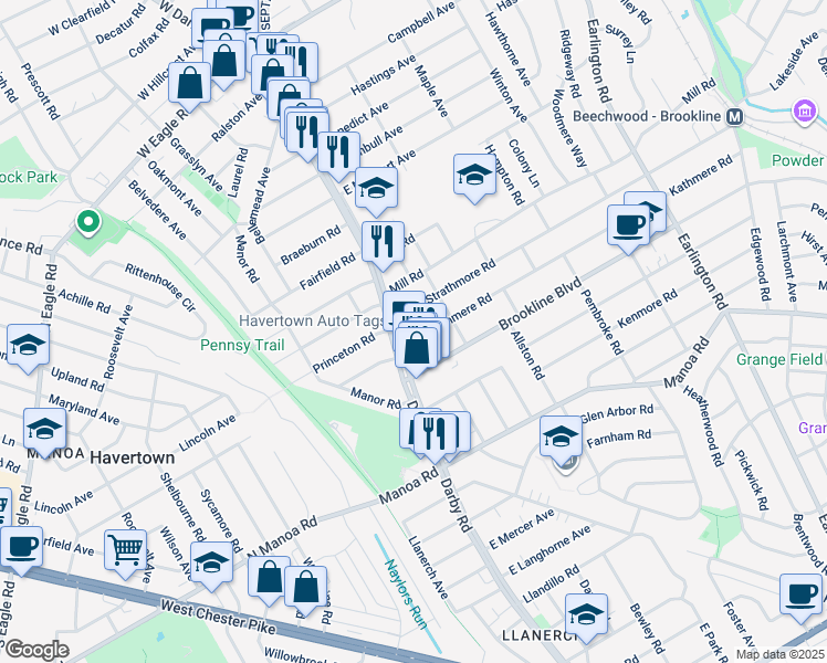 map of restaurants, bars, coffee shops, grocery stores, and more near 6 Kathmere Road in Havertown