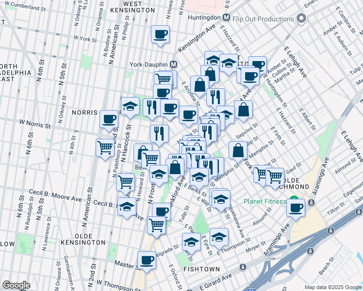 map of restaurants, bars, coffee shops, grocery stores, and more near 2028 Blair Street in Philadelphia