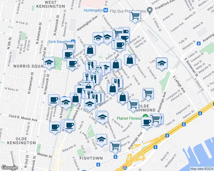 map of restaurants, bars, coffee shops, grocery stores, and more near 2319 Sepviva Street in Philadelphia