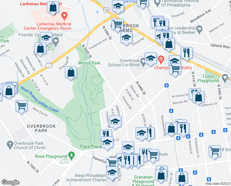 map of restaurants, bars, coffee shops, grocery stores, and more near 1119 North 66th Street in Philadelphia