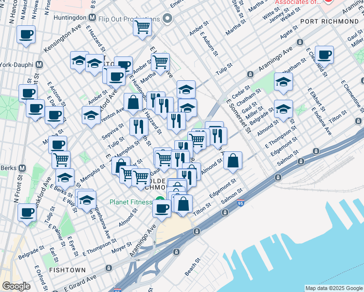 map of restaurants, bars, coffee shops, grocery stores, and more near 2431 East Huntingdon Street in Philadelphia