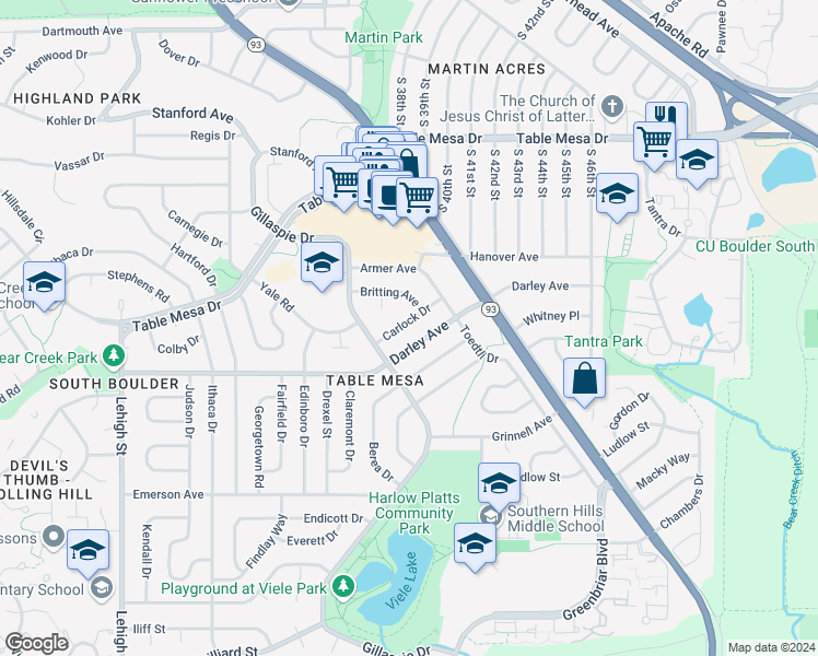 map of restaurants, bars, coffee shops, grocery stores, and more near 3930 Carlock Drive in Boulder