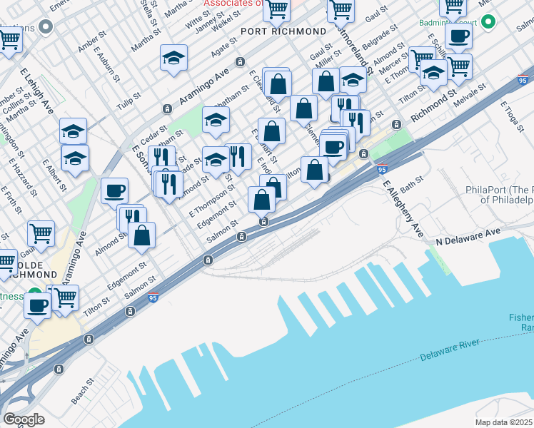 map of restaurants, bars, coffee shops, grocery stores, and more near 2952 Richmond Street in Philadelphia