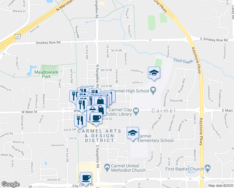 map of restaurants, bars, coffee shops, grocery stores, and more near 200 2nd Street Northeast in Carmel
