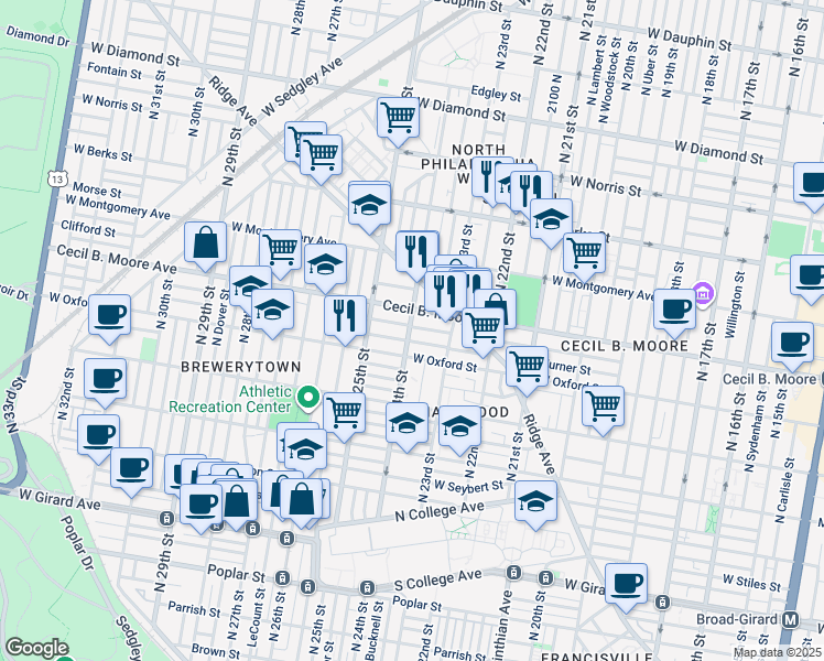 map of restaurants, bars, coffee shops, grocery stores, and more near 2350 Nicholas Street in Philadelphia