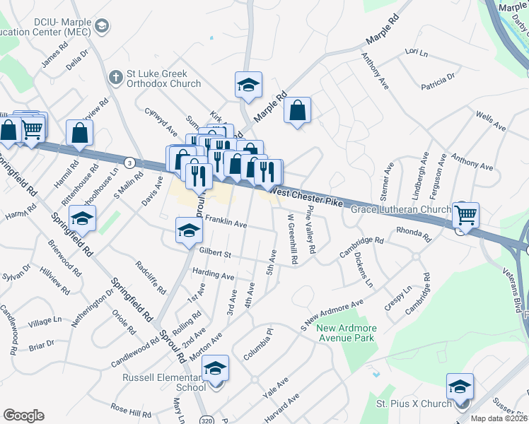 map of restaurants, bars, coffee shops, grocery stores, and more near 2501 Franklin Avenue in Broomall