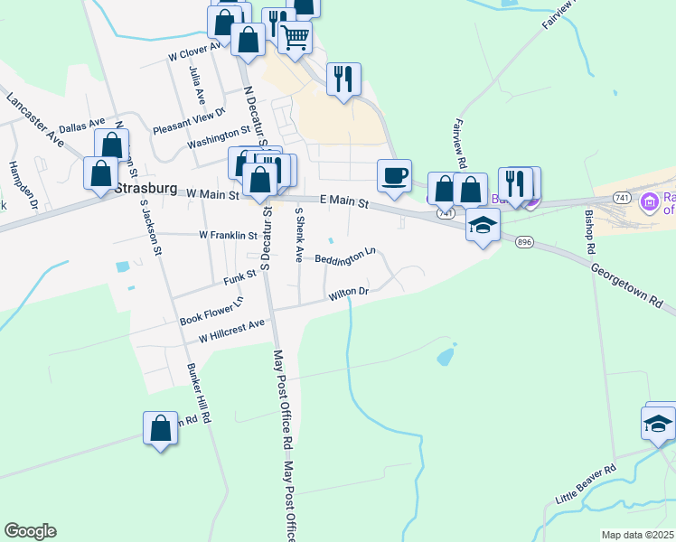 map of restaurants, bars, coffee shops, grocery stores, and more near 90 Beddington Lane in Strasburg