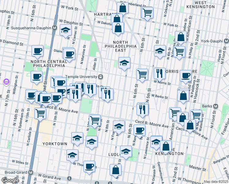 map of restaurants, bars, coffee shops, grocery stores, and more near 1837 North 8th Street in Philadelphia