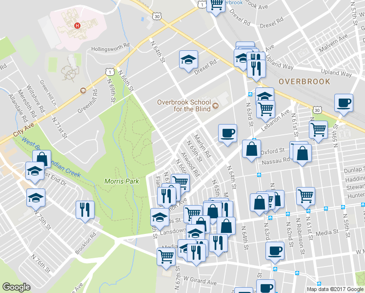 map of restaurants, bars, coffee shops, grocery stores, and more near 1239 Atwood Road in Philadelphia