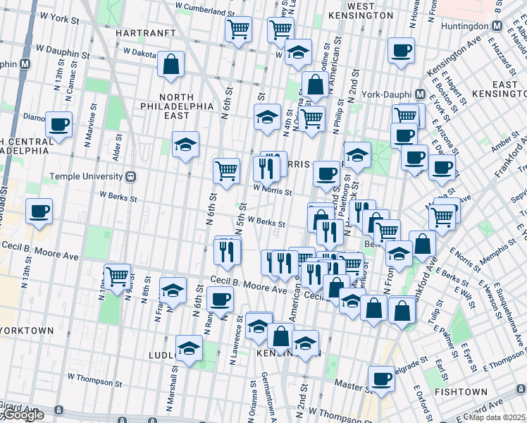 map of restaurants, bars, coffee shops, grocery stores, and more near 1912 North Leithgow Street in Philadelphia