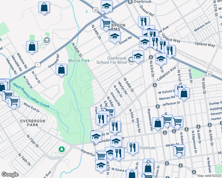 map of restaurants, bars, coffee shops, grocery stores, and more near 1239 Atwood Road in Philadelphia