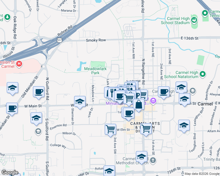 map of restaurants, bars, coffee shops, grocery stores, and more near 114 3rd Avenue Northwest in Carmel
