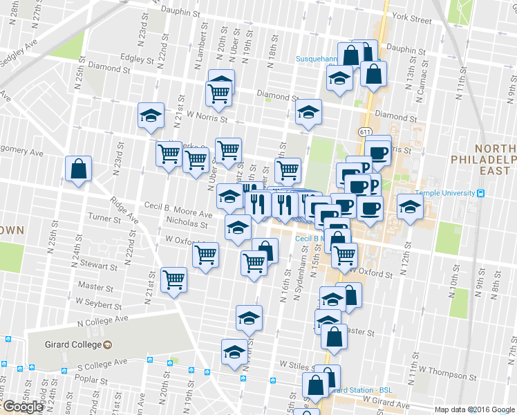 map of restaurants, bars, coffee shops, grocery stores, and more near 1720 North Bouvier Street in Philadelphia