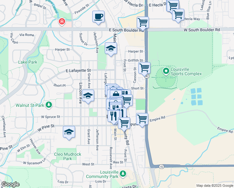 map of restaurants, bars, coffee shops, grocery stores, and more near 1016 Main Street in Louisville