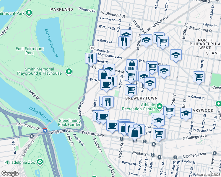 map of restaurants, bars, coffee shops, grocery stores, and more near 3046 Redner Street in Philadelphia