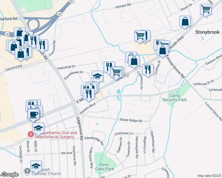map of restaurants, bars, coffee shops, grocery stores, and more near 3434 East Market Street in York