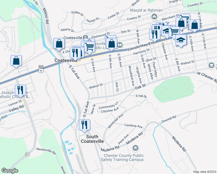 map of restaurants, bars, coffee shops, grocery stores, and more near 135 Franklin Street in Coatesville