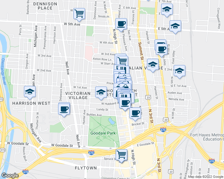 map of restaurants, bars, coffee shops, grocery stores, and more near W 1st Ave & Park St in Columbus