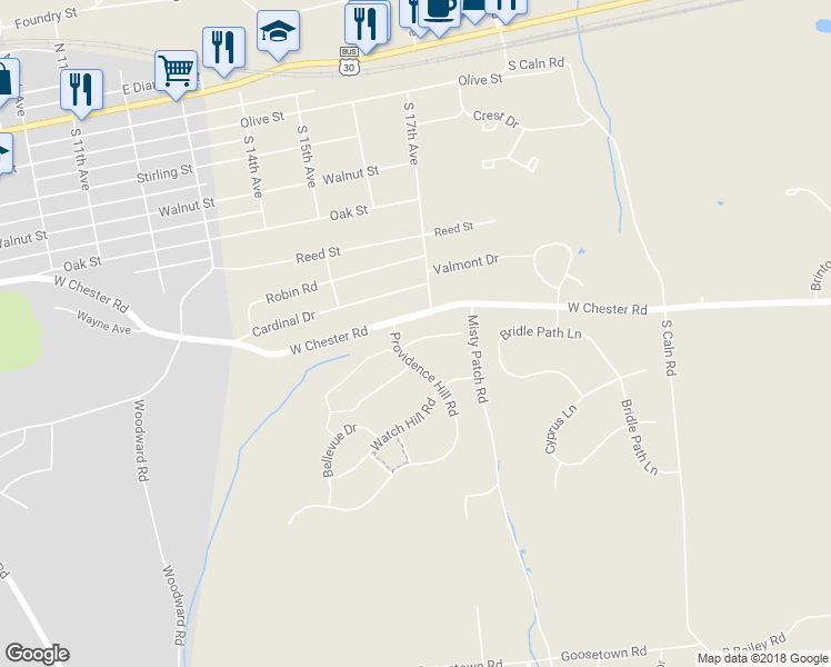 map of restaurants, bars, coffee shops, grocery stores, and more near 8 Shoreham Drive in Coatesville