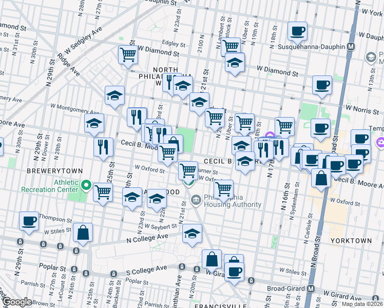 map of restaurants, bars, coffee shops, grocery stores, and more near Cecil B. Moore Ave & N 21st St in Philadelphia