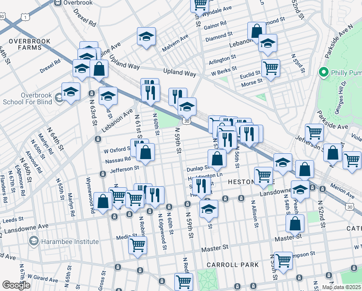 map of restaurants, bars, coffee shops, grocery stores, and more near 1837 North 59th Street in Philadelphia