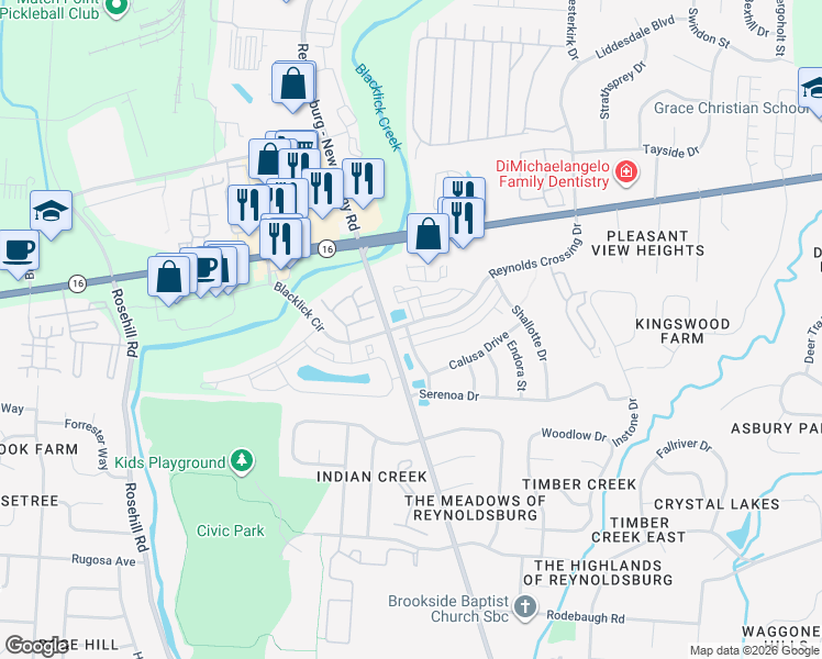 map of restaurants, bars, coffee shops, grocery stores, and more near 168 Reynoldsburg - New Albany Road in Blacklick