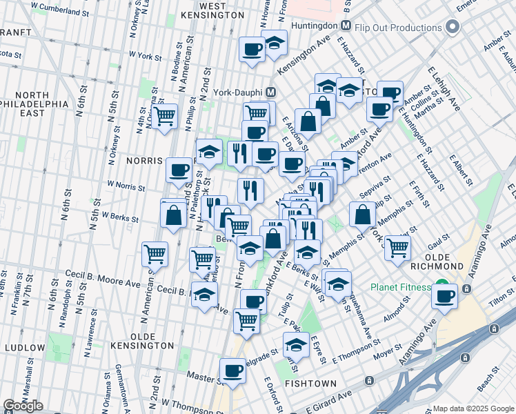 map of restaurants, bars, coffee shops, grocery stores, and more near 2101 East Norris Street in Philadelphia