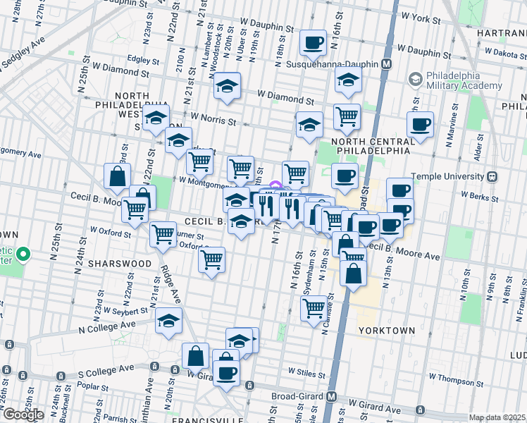 map of restaurants, bars, coffee shops, grocery stores, and more near 1720 North Bouvier Street in Philadelphia