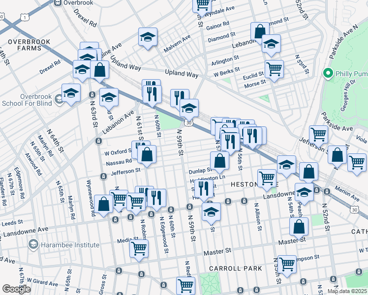 map of restaurants, bars, coffee shops, grocery stores, and more near 1837 North 59th Street in Philadelphia