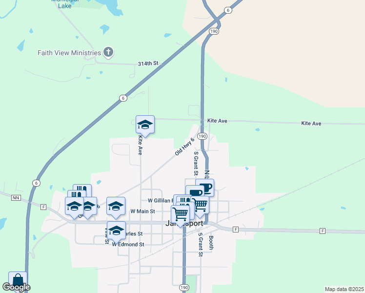 map of restaurants, bars, coffee shops, grocery stores, and more near 509 North Grant Street in Jamesport