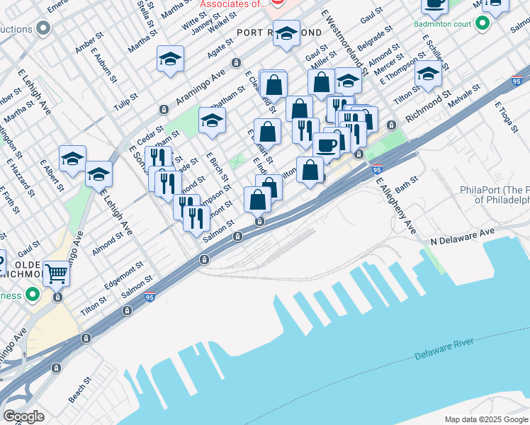 map of restaurants, bars, coffee shops, grocery stores, and more near 2956 Richmond Street in Philadelphia