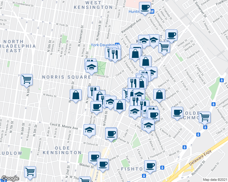 map of restaurants, bars, coffee shops, grocery stores, and more near 2102 Berges Street in Philadelphia