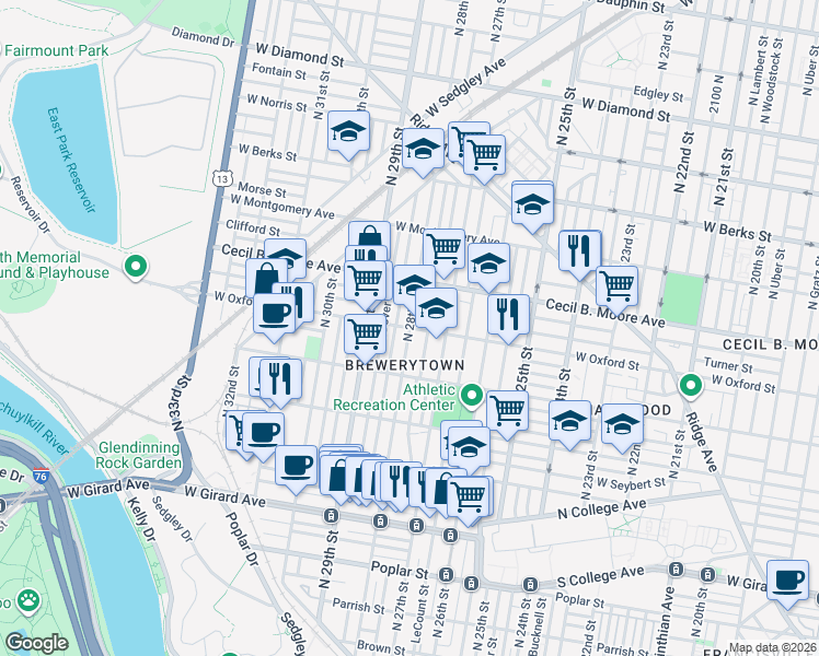map of restaurants, bars, coffee shops, grocery stores, and more near West Oxford Street & North 28th Street in Philadelphia