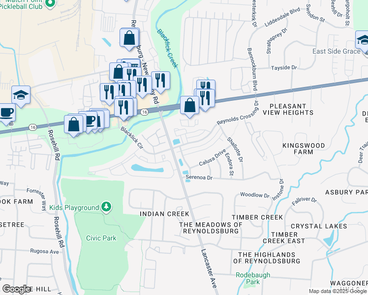 map of restaurants, bars, coffee shops, grocery stores, and more near 168 Reynoldsburg - New Albany Road in Blacklick