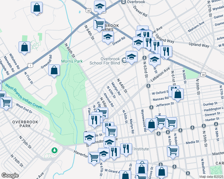 map of restaurants, bars, coffee shops, grocery stores, and more near 1219 North 65th Street in Philadelphia
