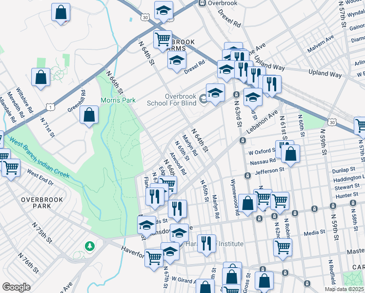 map of restaurants, bars, coffee shops, grocery stores, and more near 1219 North 65th Street in Philadelphia
