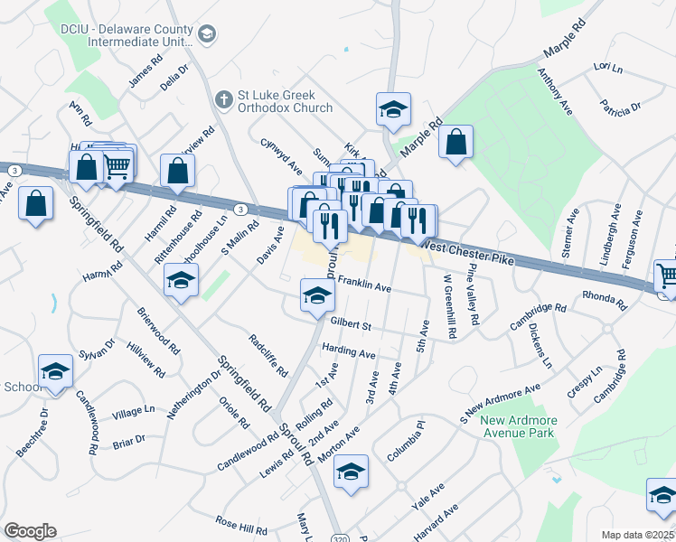 map of restaurants, bars, coffee shops, grocery stores, and more near 73 South Sproul Road in Broomall