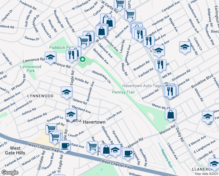 map of restaurants, bars, coffee shops, grocery stores, and more near 309 Rittenhouse Circle in Havertown
