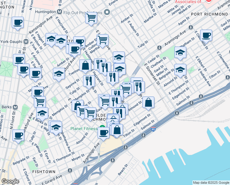 map of restaurants, bars, coffee shops, grocery stores, and more near 2427 1/2 East Huntingdon Street in Philadelphia