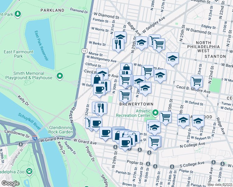 map of restaurants, bars, coffee shops, grocery stores, and more near 1546 North Myrtlewood Street in Philadelphia