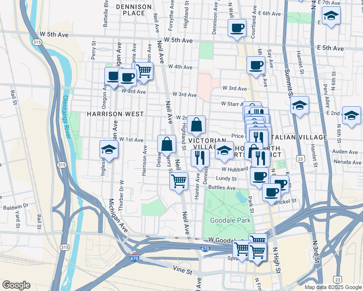 map of restaurants, bars, coffee shops, grocery stores, and more near in Columbus