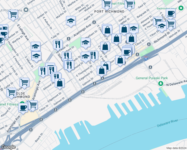 map of restaurants, bars, coffee shops, grocery stores, and more near 2714 East Monmouth Street in Philadelphia