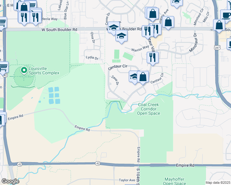 map of restaurants, bars, coffee shops, grocery stores, and more near 1910 Centaur Circle in Lafayette