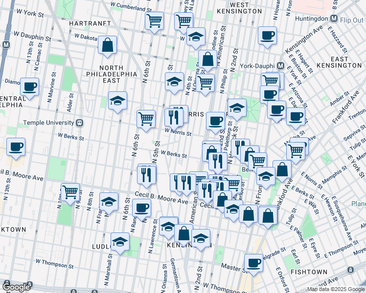map of restaurants, bars, coffee shops, grocery stores, and more near 1926 North Orianna Street in Philadelphia