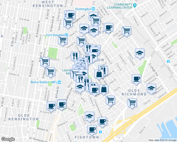 map of restaurants, bars, coffee shops, grocery stores, and more near 2300 Collins Street in Philadelphia