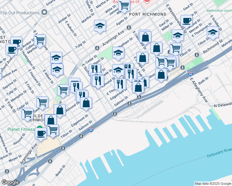 map of restaurants, bars, coffee shops, grocery stores, and more near 2650 East Auburn Street in Philadelphia